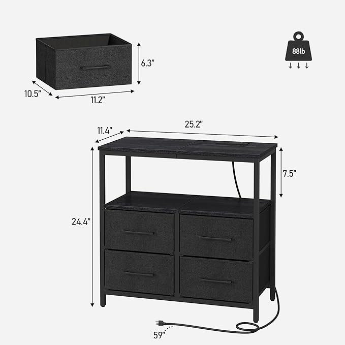 TUTOTAK Large Night Stand with Charging Station, Nightstand with USB and Type-C Port, Bedside Table with Cloth Drawers, End Table for Livingroom, Bedroom, Black TB01BK081