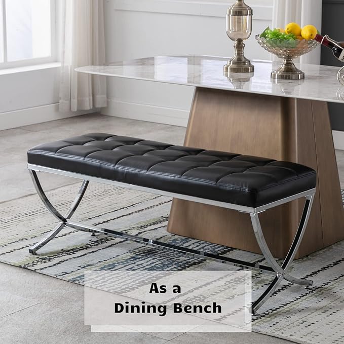HEAH-YO Modern Dining Bench for Table, Button Tufted Ottoman Bench with Metal Legs, Upholstered PU Faux Leather Footstool for Living Room Entryway, Black