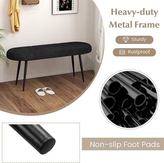 Giantex 47 inch Entryway Bench - End of Bed Bench, Upholstered Bench for Bedroom with Metal Legs, Padded Seat, Long Ottoman Bench for Dining Room, Living Room, Bedroom, Hallway (Black)