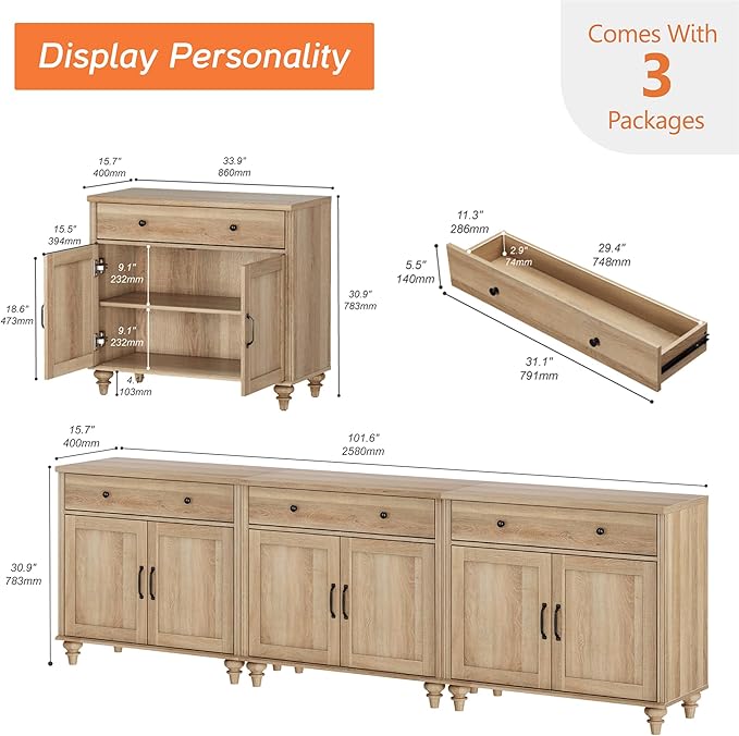 WAMAPT Oak Buffet Cabinet with 6 Doors and 3 Drawers, Large Coffee Bar Table Wood Kitchen Storage Cabinets, Modern Farmhouse Sideboard Credenza for Dining Room, 101 inch