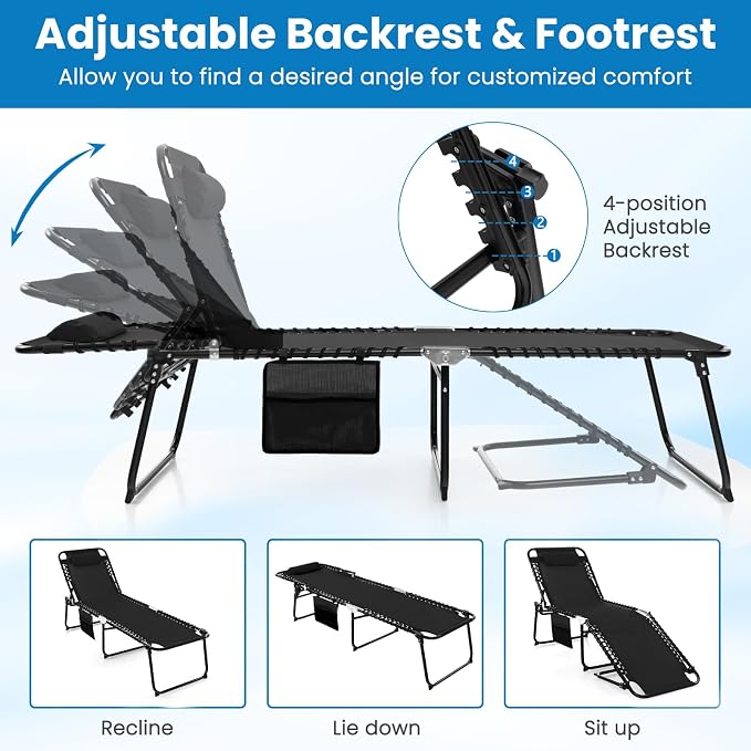 GYMAX Lounge Chairs for Outside, Extra High Folding Beach Tanning Lounger with Adjustable Backrest, Footrest & Removable Pillow, Sunbath Lounge for Patio, Lawn, Poolside (2, Black with Side Pocket)