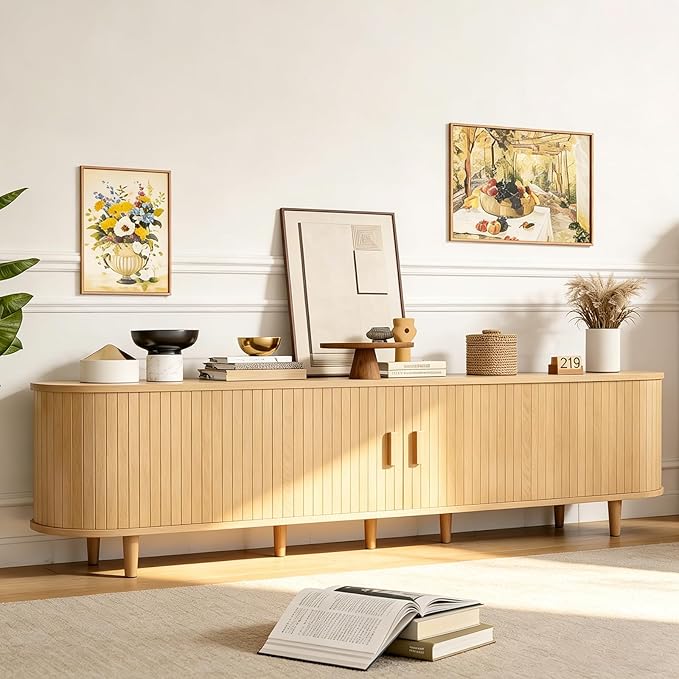 80" Mid Century Modern TV Stand, Wood TV Consoles with Sliding Doors and Power Outlet, Entertainment Center with Adjustable Shelves, Fluted TV Stands for Living Room, Oak