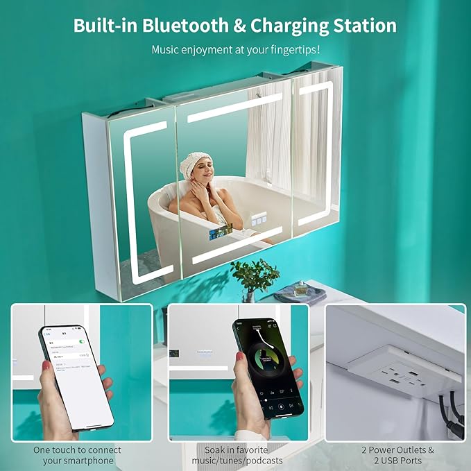 VINGLI LED Lighted Medicine Cabinet with Intelligent Mirror, Bluetooth Speaker, Weather & Temp Display, Anti-Fog, Built-in Outlet & USB, Large 3-Door Bathroom Mirror Cabinet,48 Inch, Need Assembly | LED Lighted