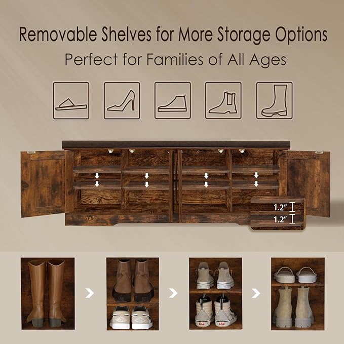 DINZI LVJ Shoe Bench, Entryway Storage Bench with Doors, Cushion, 2-Tier Shoe Rack with 8-Cubby, 47.2”L x 13.8”W Shoe Organizer Cabinet, Adjustable Shelf, Living Room, Bedroom, Rustic Brown