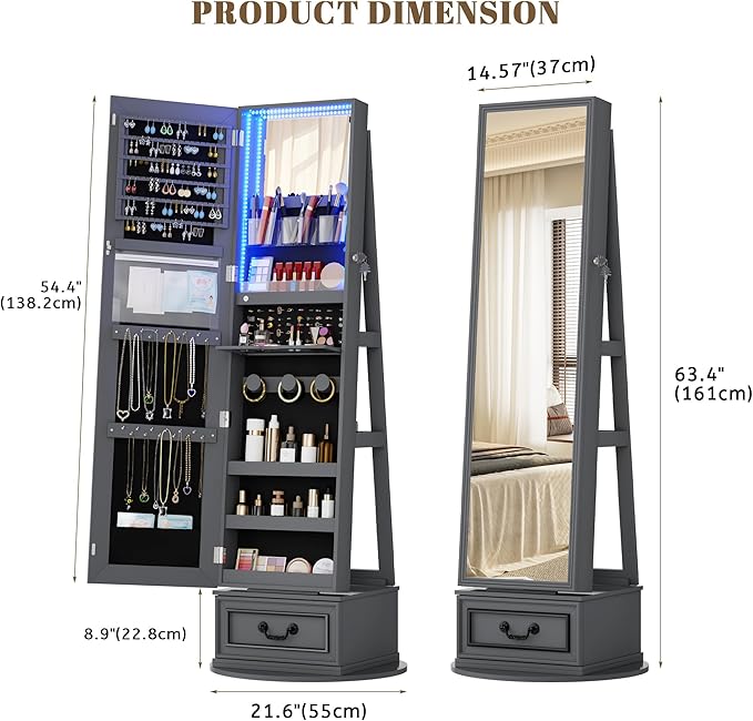 Vlsrka Mirror Jewelry Cabinet Standing, 360° Swivel Jewelry Armoire with Full Length Mirror, Lockable Mirror with Jewelry Storage, 3-Color LED Lights, Foldable Makeup Shelf, Grey