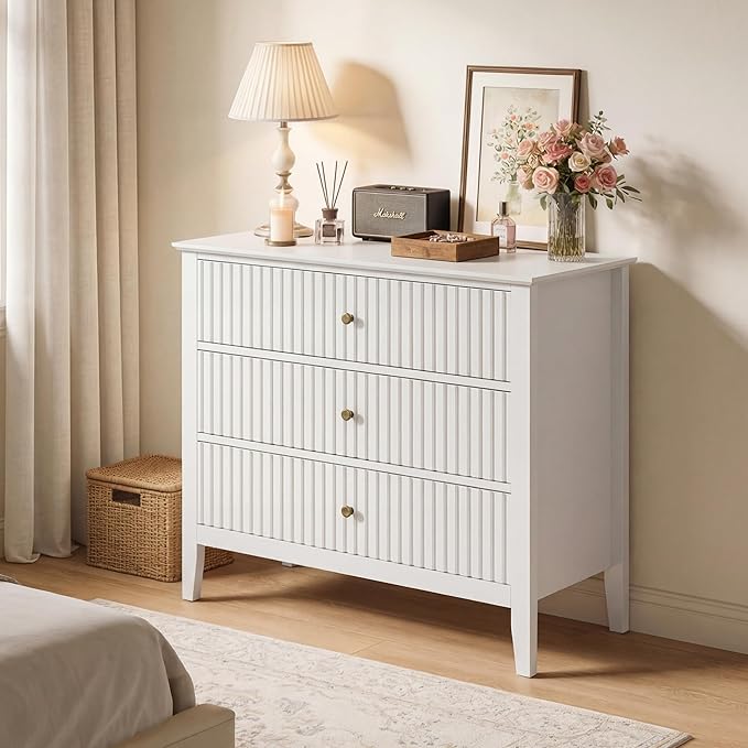 RoyalCraft 32" Large Nightstand Set of 2, Fluted Painted Bedside Table with 3 Spacious Drawers, Modern Tall End Table for Bedroom, White