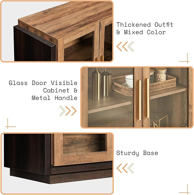 AMERLIFE Sideboard Buffet Cabinet, Mixed Color Accent Cabinet with LED Lights, Modern Glass Doors Storage Cabinets with Adjustable Shelf, Console Table for Dining, Living Room, Barnwood&Brown