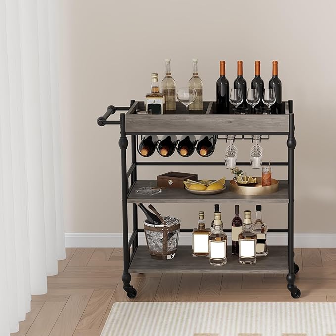 3-Tier Bar Cart with Wheels, Mobile Rolling Beverage Cart with Wine Rack, Glass Holder & Removable Top Tray, Serving Cart, Retro Trolley for Kitchen, Dining Room, Living Room, 35.4" x 15.7" x 34.1"