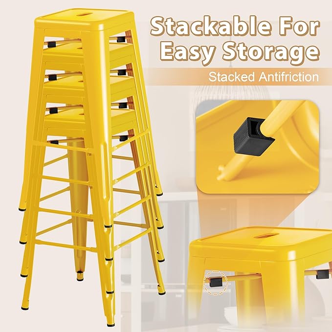 Furmax 30 Inch Metal Bar Stools Set of 4, Counter Height Stools, Industrial Bar Chairs Patio Stool Stackable Stool for Kitchen/Dining Room/Indoor Outdoor(Yellow, 30'' Backless)