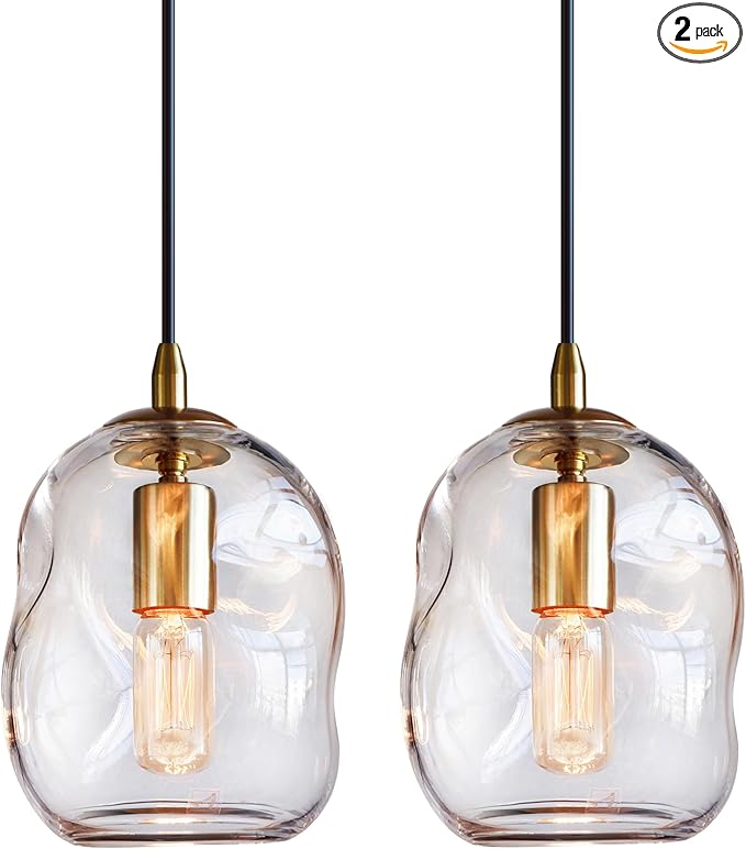 CASAMOTION Pendant Lights Kitchen Island 2 Pack Modern Contemporary Clear Glass Organic Globe Brass Gold Hanging Light Adjustable Cord Bedroom Dining Table Small Medium Lamp 8 Inch