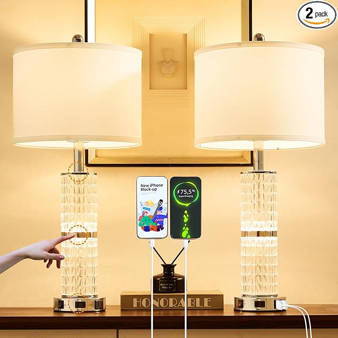 SAIWEYA Crystal Table Lamps Modern 3-Way Dimmable Bedside Lamp with 2 USB Ports & AC Outlets for Living Room Bedroom Nightstand Lamp Night Light