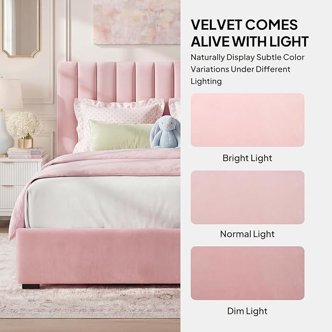 Welzona Upholstered Bed Frame Queen Size with Headboard, Velvet Vertical Channel Tufted Metal Platform Bed with 3-Level Height, Under-Bed Storage and Metal Support, Noise Free, Easy Assembly, Pink