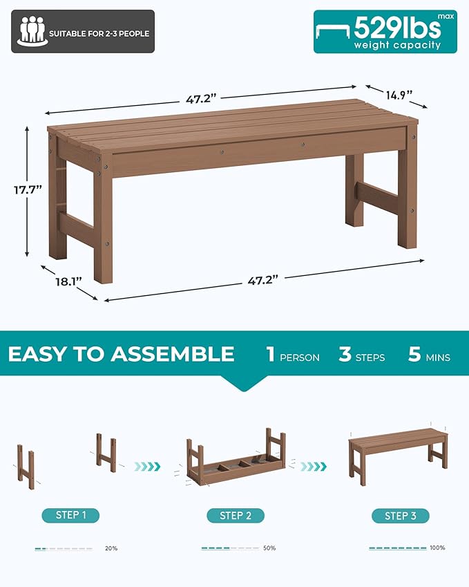SERWALL 47 Inches Outdoor Bench, All Weather HDPE Backless Bench with Wood Grain Texture for Garden Porch and Park, Curved Bench Seat for Comfort, Brown