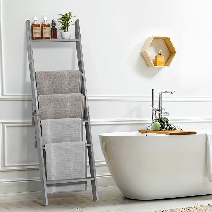 Honest Blanket Ladders for The Living Room, 6-Tier Blanket Holder, Wall-Leaning Blanket Rack, Ladder Shelves, Wooden Quilt Ladder, Farmhouse Decor, Grey