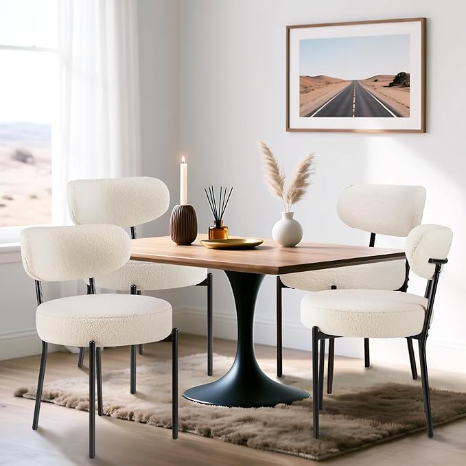 DUMOS Dining Chairs Set of 2, Mid Century Modern Chair Round Upholstered Curved Backrest, Kitchen Vanity Living Room Chairs with Black Metal Legs，Light Beige