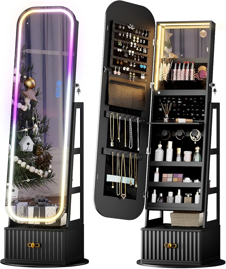 360° Swivel Jewelry Cabinet with Lights - RGB Vanity Mirror | Rotatable Full Length Mirror with Jewelry Storage, Standing Jewelry Armoire Organizer, Foldable Makeup Shelf, White (Black 052)