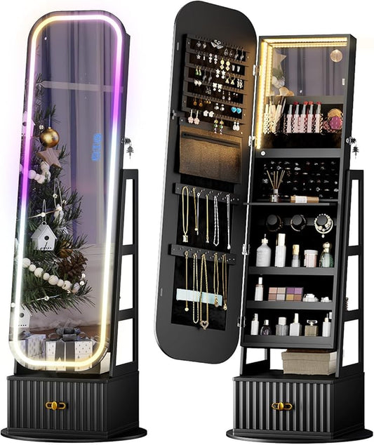 360° Swivel Jewelry Cabinet with Lights - RGB Vanity Mirror | Rotatable Full Length Mirror with Jewelry Storage, Standing Jewelry Armoire Organizer, Foldable Makeup Shelf, White (Black 052)