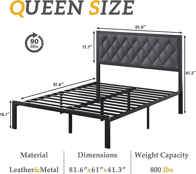 HISOFT Queen Bed Frame with Upholstered Button Tufted Headboard, Bed Frame Platform Metal Slats Support, Under Bed Storage, No Box Spring Needed, Noise-Free, Easy Assembly, Grey