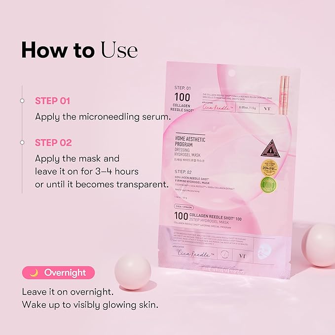 VT COSMETICS Collagen Reedle Shot 100 2-Step Hydrogel Mask (34.5g x 4ea), Firming & Elasticity Care, Exosome 500Da, Fine Lines, Hydrating Overnight Melting Mask, Korean Skincare, Facial Gel Mask