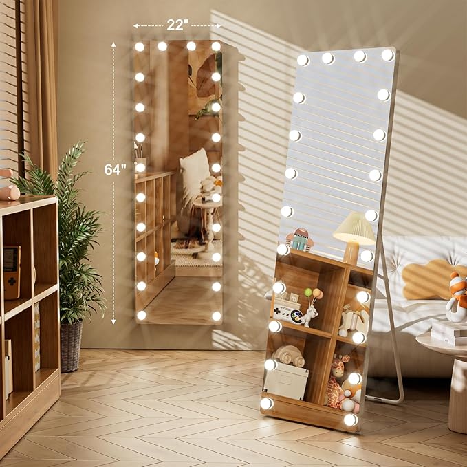 Kosmonia 64x22 Hollywood Full Length Mirror with Light, 22 Dimmable Bulbs & 3 Color Smart Touch Control, Distortion Free, Tempered Glass, Safe Full Body Mirrors with Stand