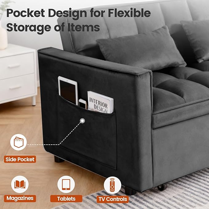 3 in 1 Convertible Sleeper Sofa Bed, Velvet Fabric Loveseat Sofa Bed with Adjustable Backrest & Large Side Pockets, Pull Out Couch for Small Spaces, Apartment, Living Room, Black