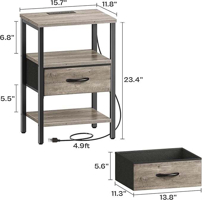SUPERJARE Nightstand with Charging Station, Bed Side Table with Adjustable Fabric Drawer, Night Stand for Bedroom, 3-Tier Storage End Table, for Living Room, Oak