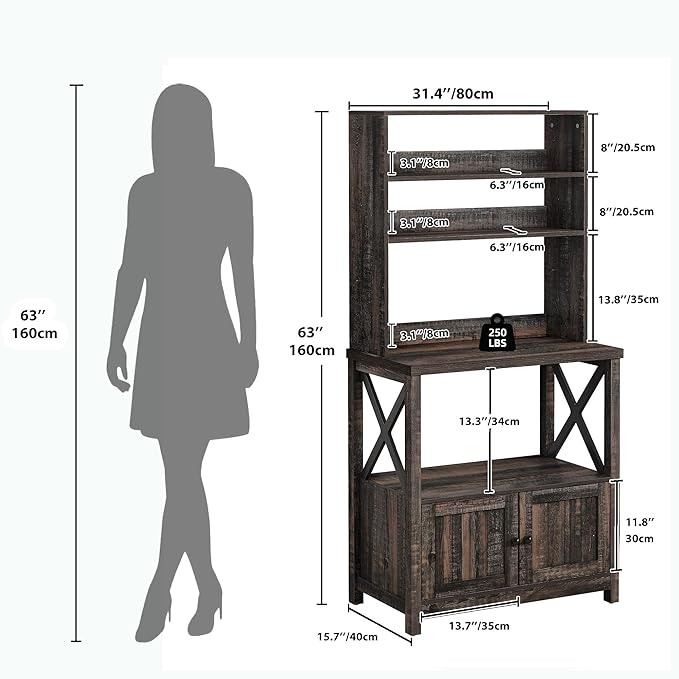 YITAHOME Bakers Rack with Power Outlet and Storage Cabinet Door, 5-Tiers Kitchen Tall Microwave Stand, Farmhouse Small Pantry Hutch, Thickened Counter Coffee Bar Station with Shelves, Black Oak