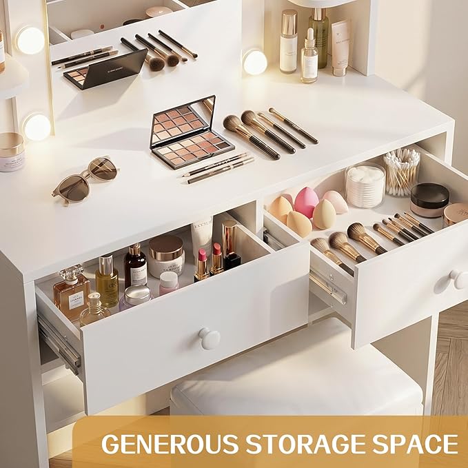 FUXA Makeup Vanity Desk with LED Mirror and Charging Station, Vanity Table Set with Storage Drawers, Shelves and Chair, Dressing Table with 3 Lighting Modes for Bedroom, White