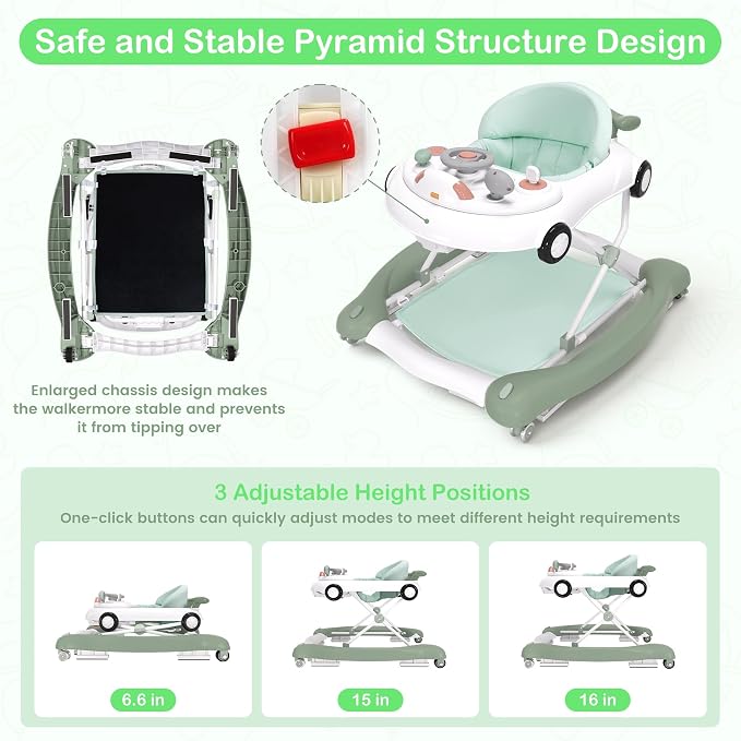 Baby Walker, 5-in-1 Baby Walker for Boys and Girls with Bouncer, Removable Footrest, Music, Foldable & Adjustable Speed Wheels Activity Walker for 6-18 Months Toddler Infant(Mint)