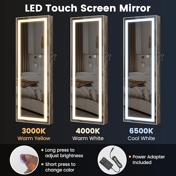 CHARMAID LED Mirror Jewelry Cabinet, Lockable Jewelry Armoire with Adjustable Lighted Full Length Mirror, 3 Lighting Sets, Wall Mounted Door Hanging Jewelry Storage Organizer (Rustic Brown, 42.5''H)