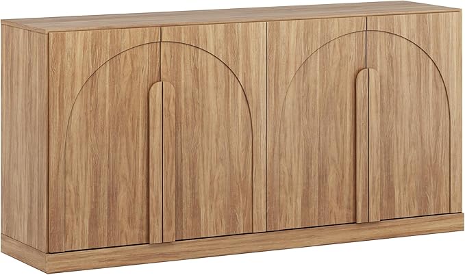 BELLEZE Bijou 64" Modern Buffet Sideboard, Mid-Century Arch Carved Wood Door Cabinet, Textured Storage Console for 75 inch TV, Living Room, Dining Room, Entryway - Camel