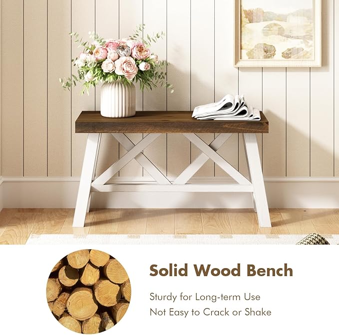 Wnutrees 30" Farmhouse Wood Bench, Rustic Solid Wood Entryway Bench Seat with Double X-Structure for Dining Area Living Room Hallway, Structural Stability, White