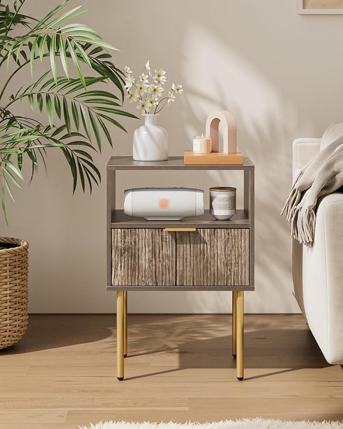Aienvey Night Stand, Modern Nightstand with Drawers, Bedside Table, Gold Small Side Table for Bedroom, Living Room End Table (Grey Stripe, 1 Drawer)