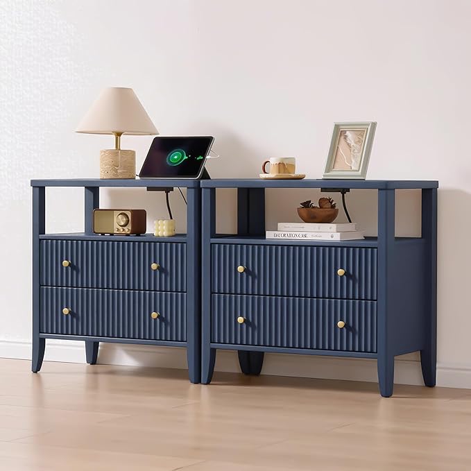 Fluted Nightstand with Charging Station, 27.3" Tall Modern Bedside Table with 2 Drawers & Open Shelf, Large Wide Wood End Table with Storage & Metal Handle for Bedroom, Blue