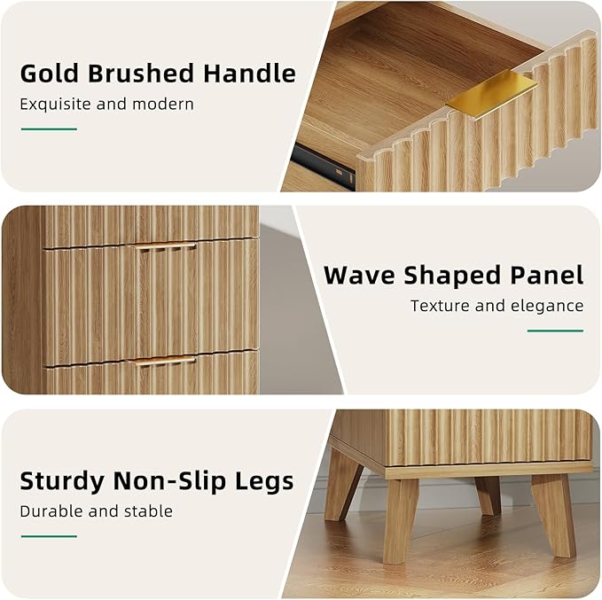 Kalrin Charging Nightstand with Hidden Outlets & 3 Drawers, Modern End Table, Bedside Table with USB Ports, Wave Groove Design, Compact Size, Heavy Duty Engineered Wood, Natural Wood Color