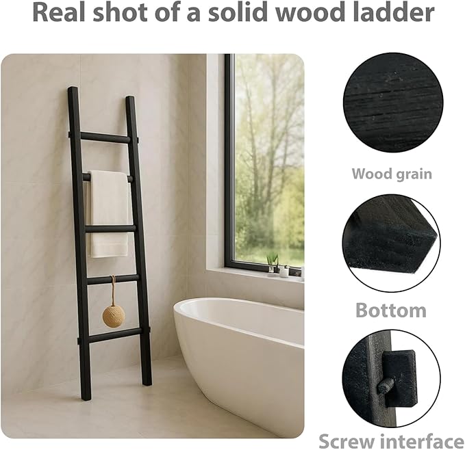 Wooden Blanket Ladder - Natural & Motley Wood - Leaning Wall Decor for Bedroom, Bathroom, Living Room - Rustic Quilt Holder & Towel Rack (Black Wood Color, 57in（5-Tier）)