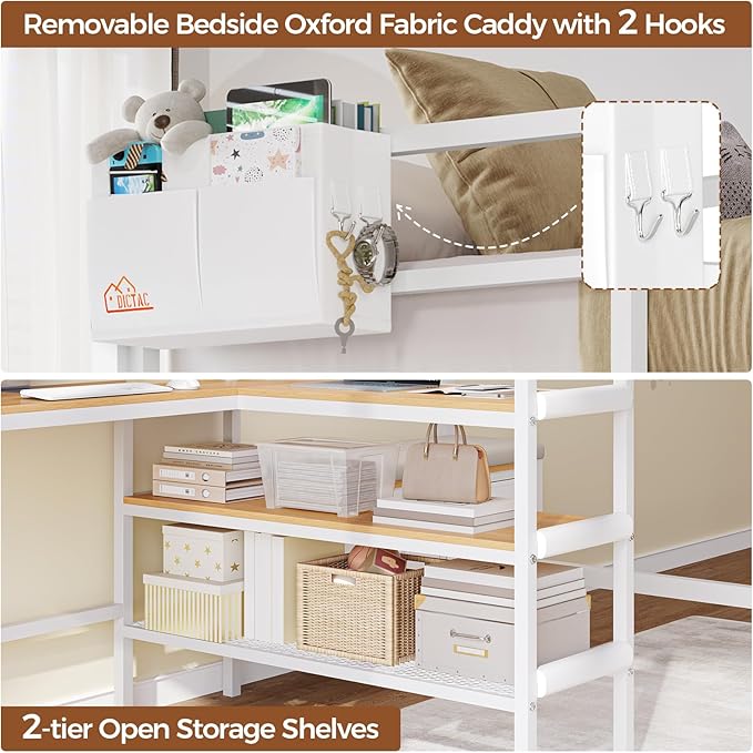 DICTAC Twin Loft Bed with L-Shaped Desk, Storage Shelves and Charging Station Twin Size Metal Loft Bed with LED Lights and Coat Rack with 2 Storage Drawers,Top Bunk with Safety Guard & Stair, White