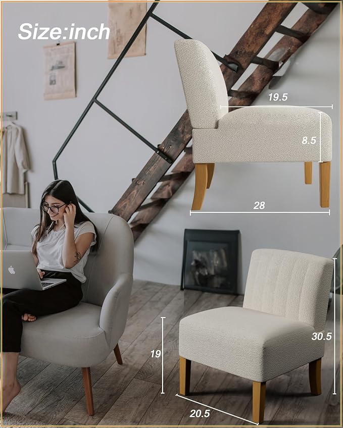 Armless Accent Chair for Bedroom, Modern Slipper Vanity Chair with Solid Wood Legs, Comfy Upholstered Bedroom Chair, Guest & Reading Chair - Beige