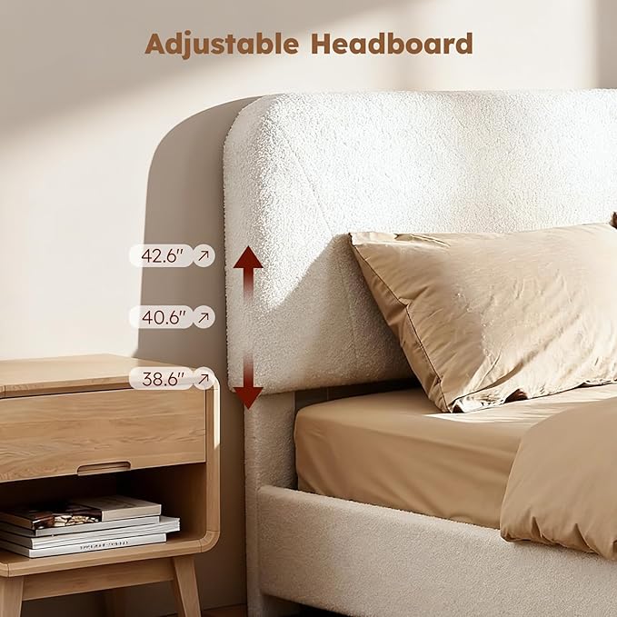 King Size Cloud Bed Frame, Upholstered Boucle Bed Frame with Adjustable Headboard, Solid Wood Legs, Rounded Corners Design & Easy Assembly – Modern Platform Bed,Cream