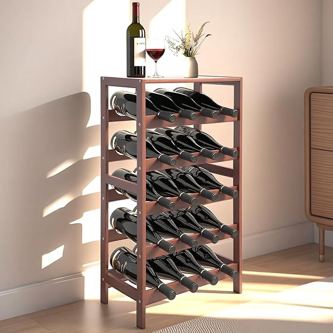 20 Bottle Wooden Wine Rack with Table Top, 5 Tier Bamboo Freestanding Floor Wine Storage Holder, Retro Minimalist Style Home Decorations Wine Display Shelves for Kitchen Dining Room Bar