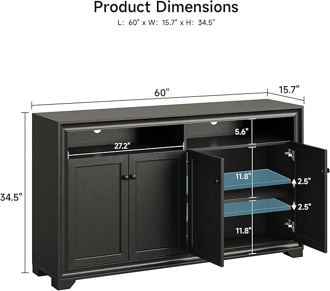 ONBRILL 60 Inches Sideboard Buffet Cabinet with Storage, 4 Doors Large Sideboard, Kitchen Cabinet with Open Shelf & Adjustable Shelf, Kitchen Coffee Bar Console Table for Living Room, Hallway, Black