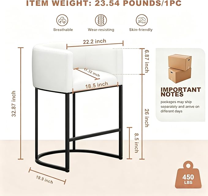 26" H Counter Height Bar Stools Set of 4, Modern Barrel Counter Stools with Backrest and Arms, Linen Fabric Upholstered Accent Barstools for Kitchen Island,Support 450 LBS (White)
