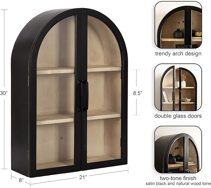 Kate and Laurel Arcott Modern Arch Wall Cabinet, 21 x 8 x 30, Natural Wood and Black, Transitional Arched Cabinet for Use as Over-the-Toilet Storage or Living Room Storage Cabinet