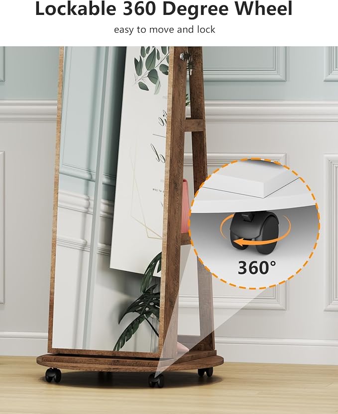 Full Length Mirror With Jewelry Storage, 360 Swivel Jewelry Armoire Organizer With Lights, Lockable Cabinet Standing, Christmas Gifts, Walnut