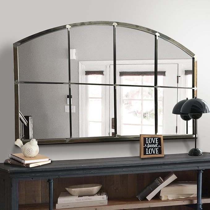WAMIRRO Wide Window Pane Black Mirror,Farmhouse Arched Wall Mirror,Mantel Mirror for Fireplace/Entryway/Hallway/Living Room,42“X28” (Vintage Retro-Grey Wide)