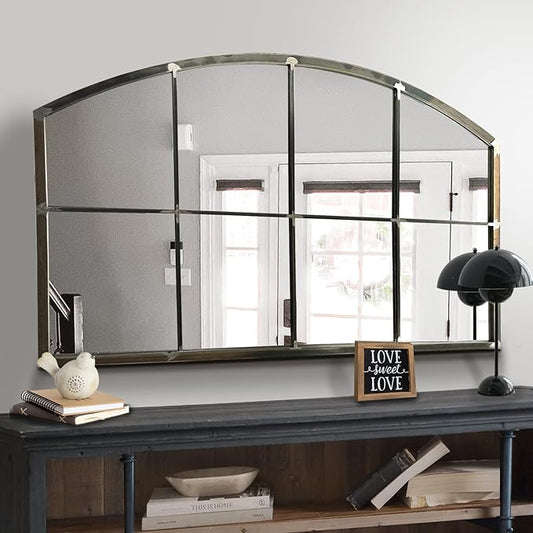 WAMIRRO Wide Window Pane Black Mirror,Farmhouse Arched Wall Mirror,Mantel Mirror for Fireplace/Entryway/Hallway/Living Room,42“X28” (Vintage Retro-Grey Wide)