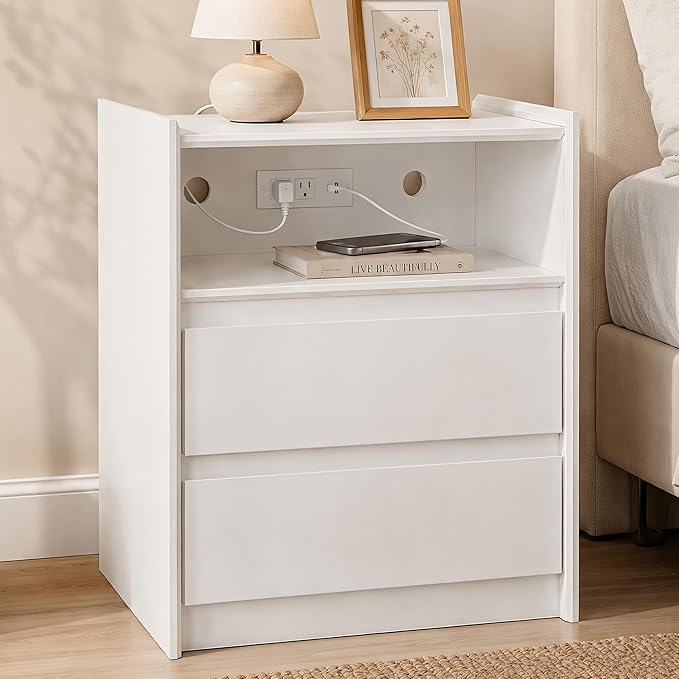 24" Tall Nightstand with Charging Station Including USB-C, Modern Bedside Table and Sofa End Table - White, 2 Drawers, 1-Pack