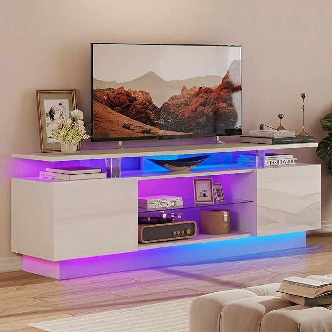 70” High-Glossy TV Stand with 2 Side Cabinets, Modern Stylish TV Console with 3 Layer LED Lights,Gaming TV Media Console with Adjustable Glass Shelf, Remote&APP Control, White