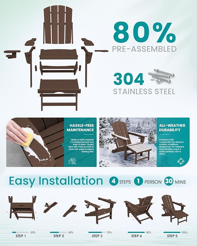 SERWALL Folding Adjustable Adirondack Chair with Footrest, HDPE Outdoor Chair with Dual Cup Holders, All Weather Adirondack Chair with Ottoman, Coffee