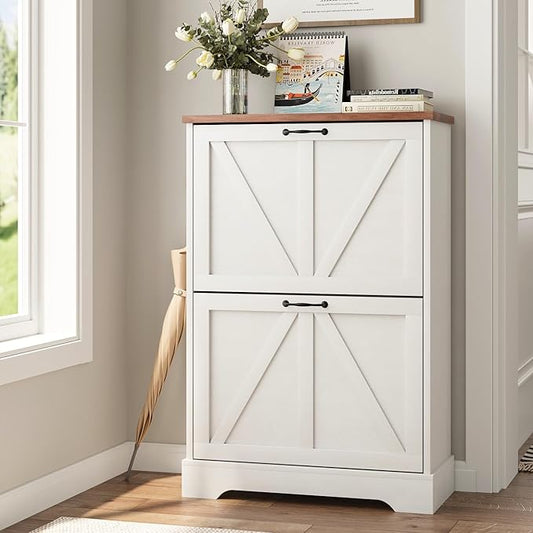 Smart FENDEE Shoe Cabinet, Shoe Storage Cabinet for Entryway with 2 Flip Drawers, Narrow Farmhouse Shoe Organizer Cabinet, Slim Shoe Rack Cabinet, White